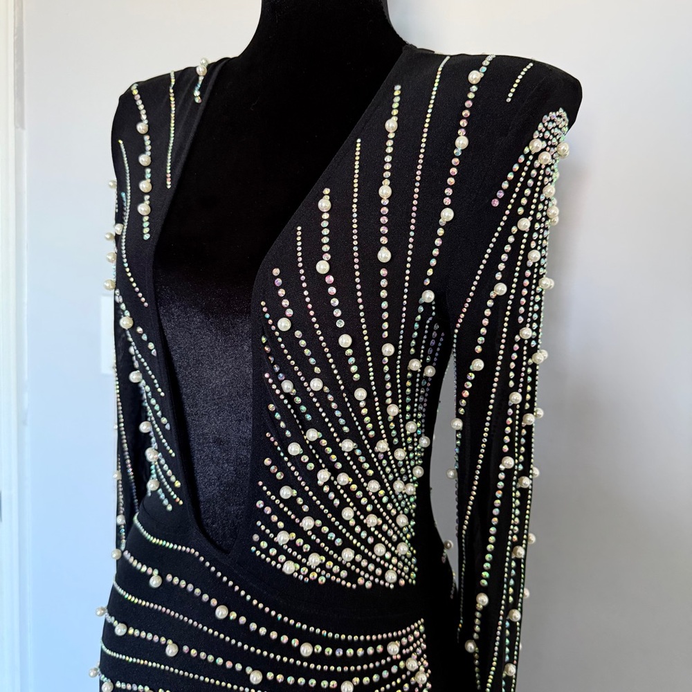 Black Embellished Deep V Mini Dress - Picture 6 of 14